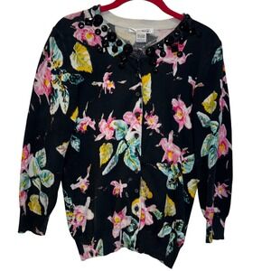 WD‎ NY Black Floral Rhinestone Embellished Button Cardigan Women's Large
